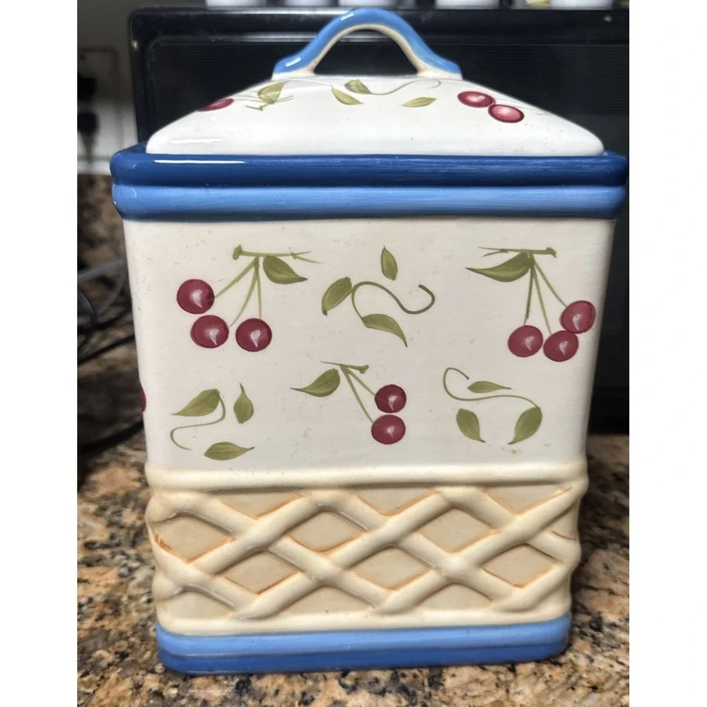 INSPIRADO Large Handpainted Stonelite Clay Cookie Jar Cherry Basket Weave Design
